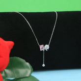 Silver Square Pink Sapphire Bow Pendant With Chain